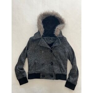 New Look Womens Gray Marl Faux Fur Hooded Sherpa Lined Bomber Jacket Size M